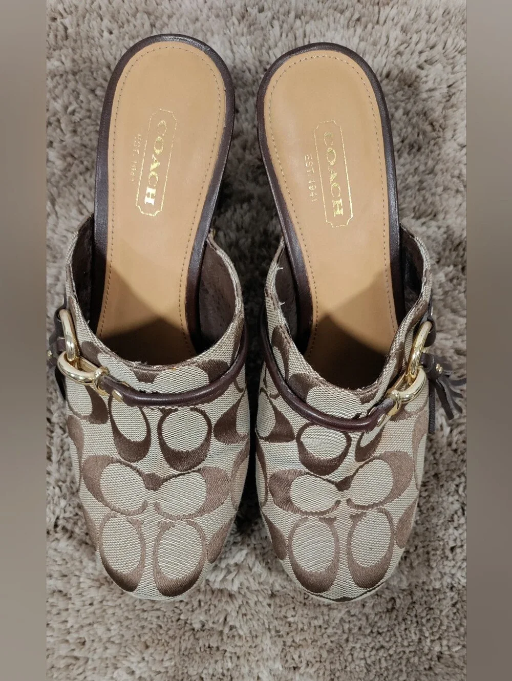 Coach Signature C Jacquard Platform Clog Mules Brown Women’s Size 6.5B